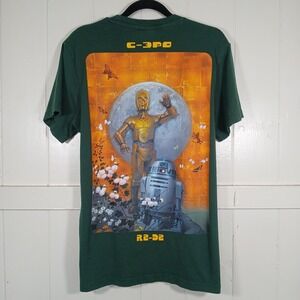 Star Wars Graphic T-Shirt Mens Small Green C-3PO R2-D2 Back Print Cotton